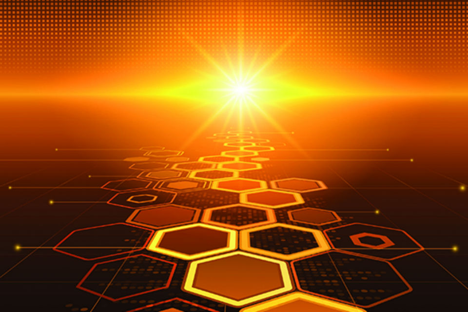 Graphic showing a sunrise over an artificial horizon made up of hexagonal data