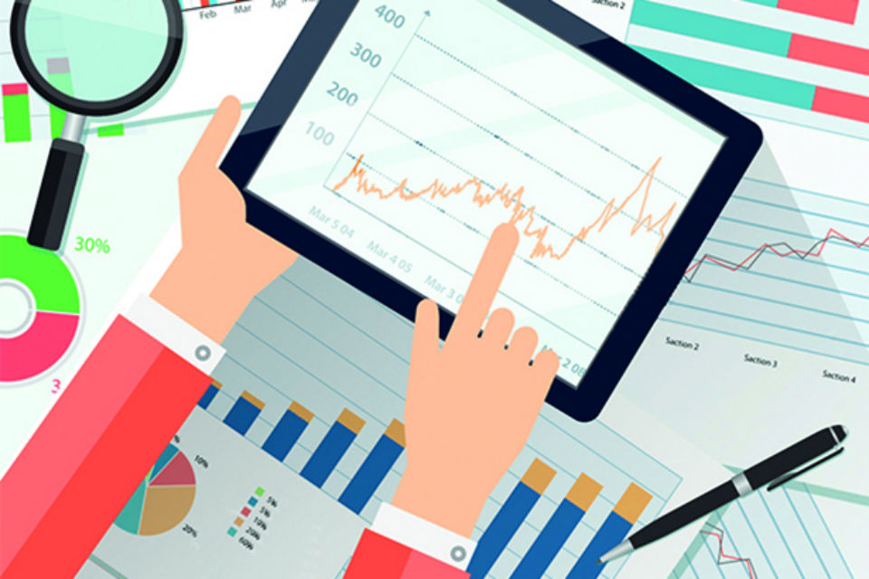 Graphic of a hand holding a tablet showing a graph going up