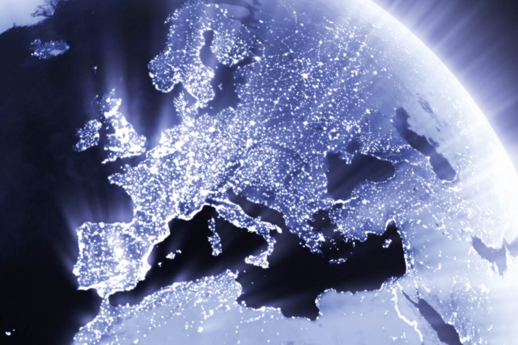 Nighttime satellite photo of Europe