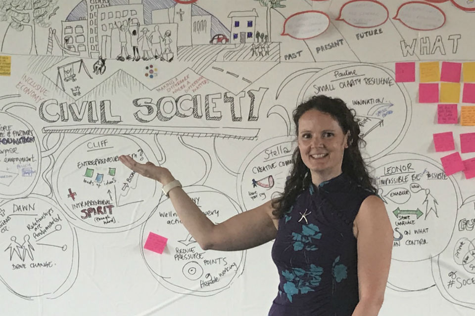 Woman in front of white board