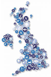 Map of the UK made up of circles representing different industries and sectors