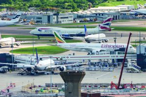 View of planes taxiing to the runways at Heathrow Airport