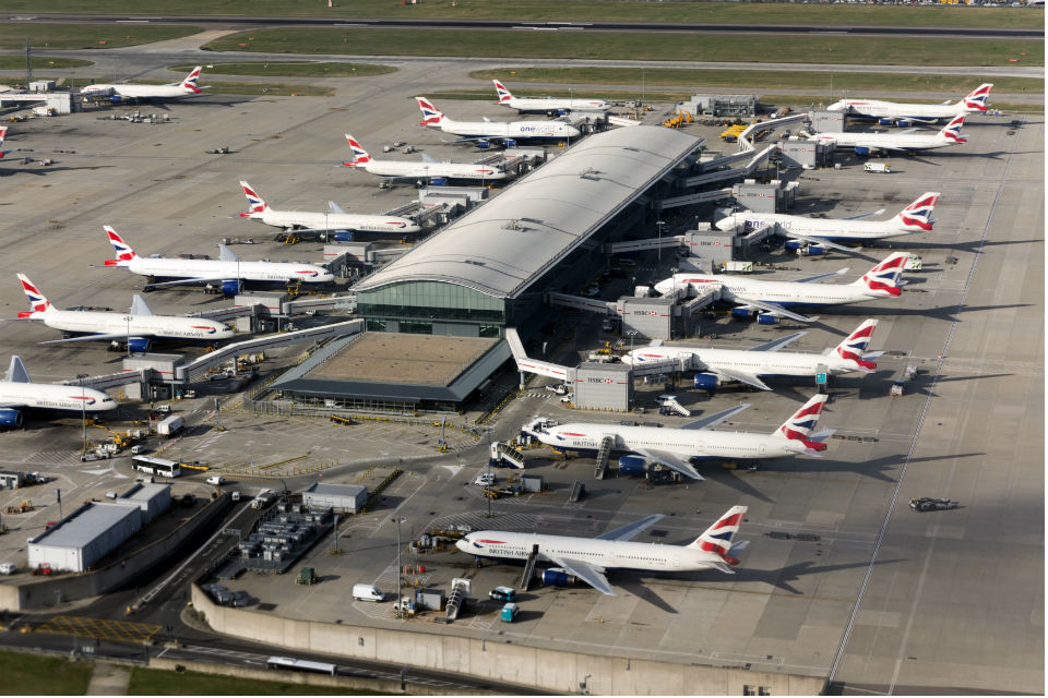 Overhead view of passenger planes at London Heathrow Airport