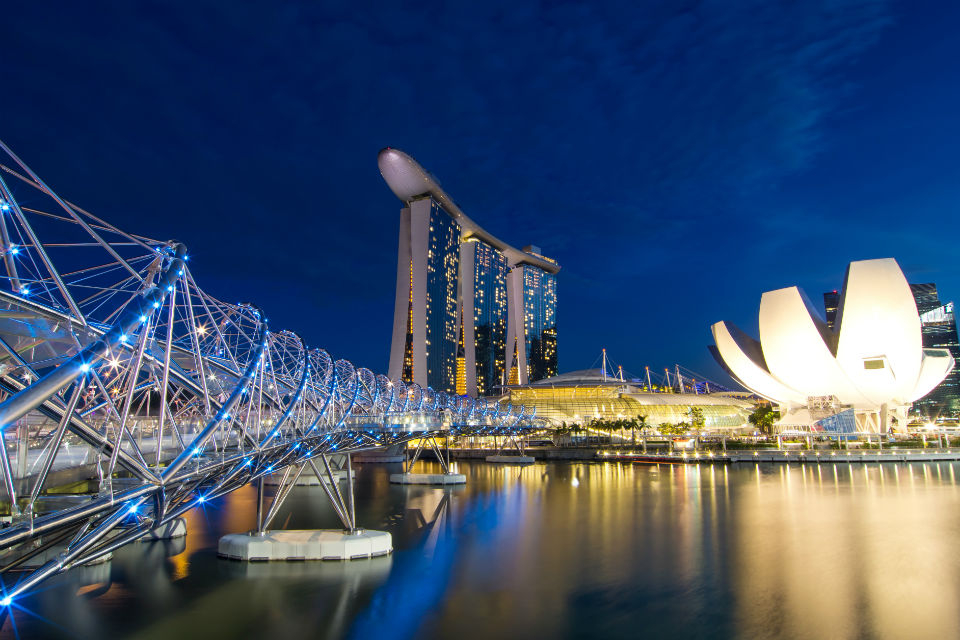 Night-time view across part of Singapore City across a waterway