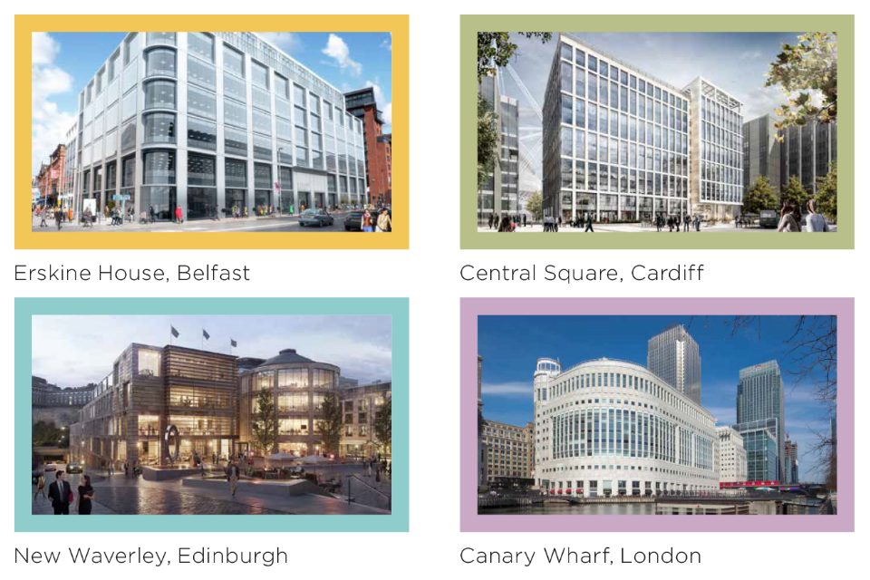 Composite image of four sites of Government Hubs in the capitals of the nations of the UK, showing views of: Erskine House, Belfast; Central Square, Cardiff; New Waverley, Edinburgh; and Canary Wharf London