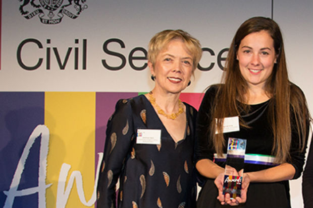 Charlotte Dring, Civil Service Award winner for Diversity and Inclusion, with award presenter Sue Owen, Permanent Secretary, Department for Digital, Culture, Media & Sport