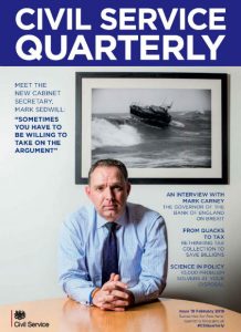 Front cover of Civil Service Quarterly 19, featuring a photograph of a seated Mark Sedwill, Cabinet Secretary, with a framed photo of a lifeboat at sea on the wall behind him