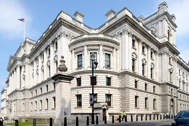 Exterior view of HM Treasury building in London