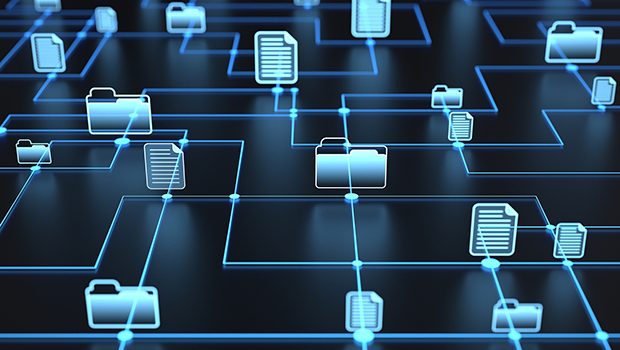 Digital illustration of digital lines connecting a network of file and folder icons