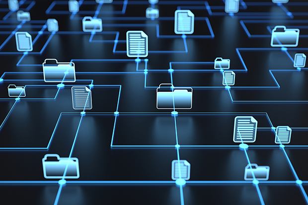 Digital illustration of digital lines connecting a network of file and folder icons