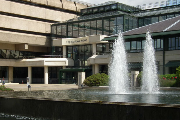 A view across the fountain outside the main entrance to The National Archives